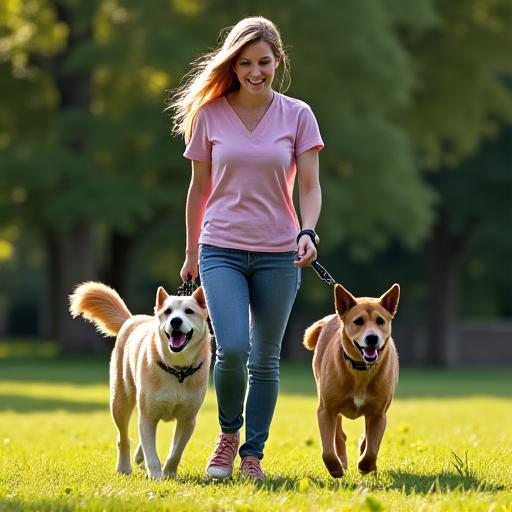 Dog walker che passeggia con un gruppo di cani