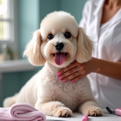 Cane barboncino durante una seduta di toelettatura