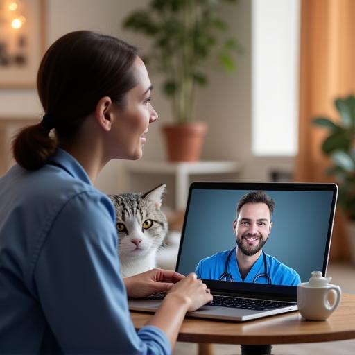 Veterinario che esamina un gatto tramite laptop